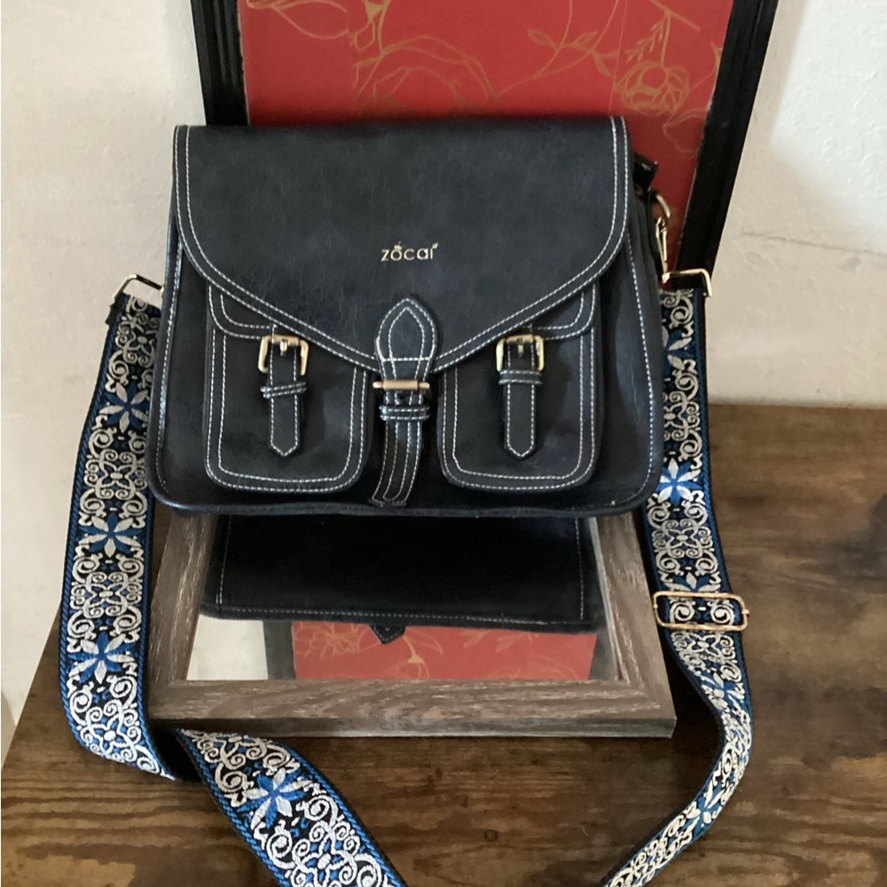 Zócai Navy Blue Satchel with Patterned Strap